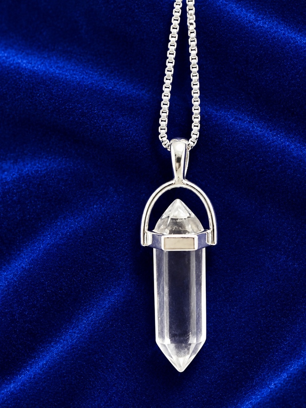 Clear Crystal Point Pendant Necklace - Sterling Silver box chain 18”